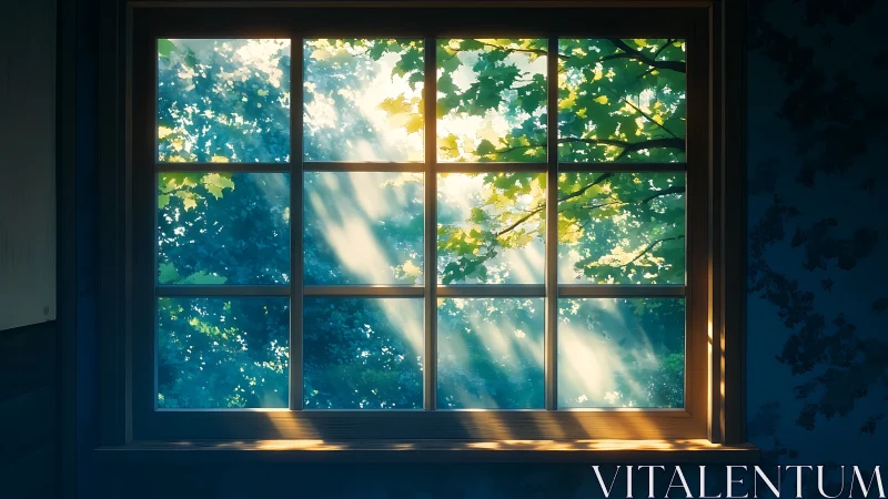 Sunlit forest window frames soft morning leaf glow.
