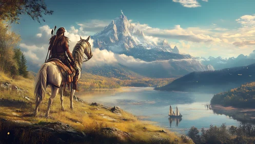 Mounted ranger overlooking alpine lake and distant tallship