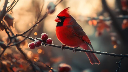 Vibrant red cardinal on snowy branch in soft golden bokeh light.