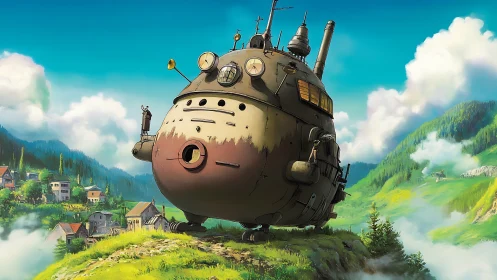 Gentle hilltop robot home rolling through misty valleys.