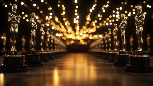 Golden award statues glow under sparkling ceremony lights