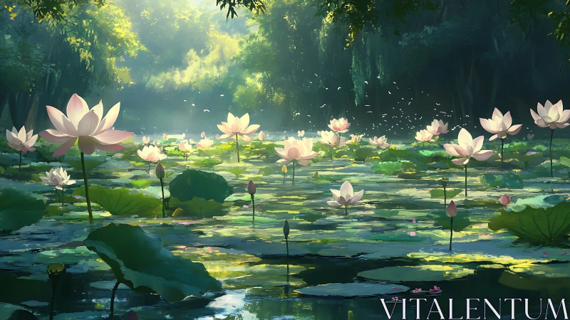 Sunlit lotus pond shimmers beneath a tranquil forest canopy.