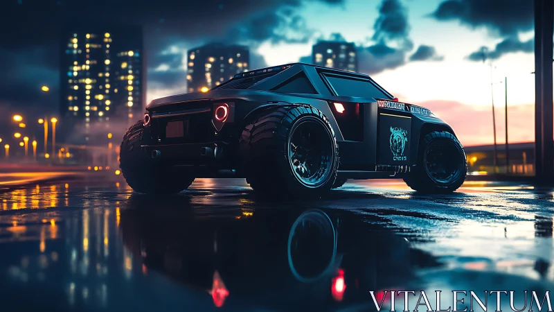 Neon storm truck prowls a rain-slicked cyber city night.