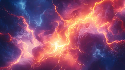 Volumetric storm clouds split by incandescent plasma fissures