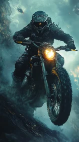 High speed rider charges through a stormy sci fi battlefield