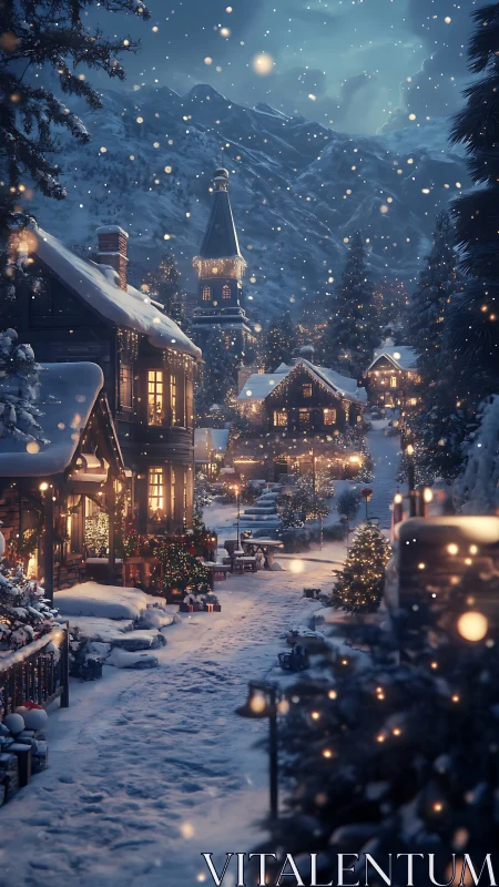 Snow-covered alpine village street with evening lights.