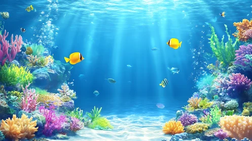 Vibrant tropical reef glows under sunlit blue waters.