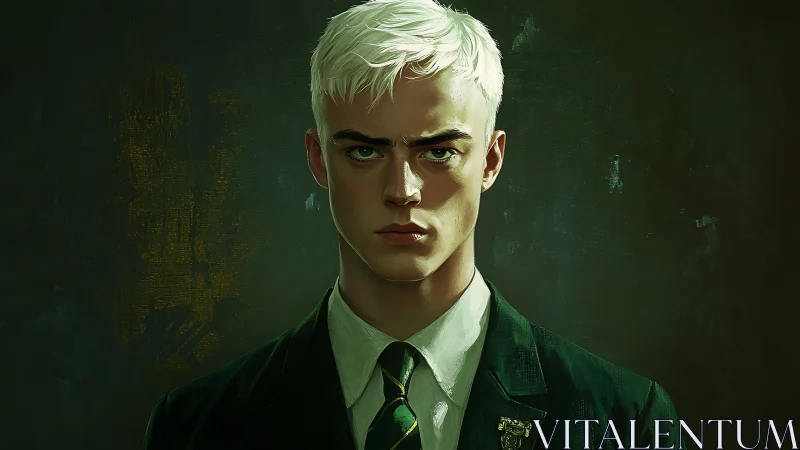 Digital portrait shows stern young man in dark formal attire