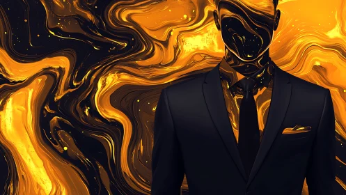 Molten-gold faceless executive in swirling cosmic suit.