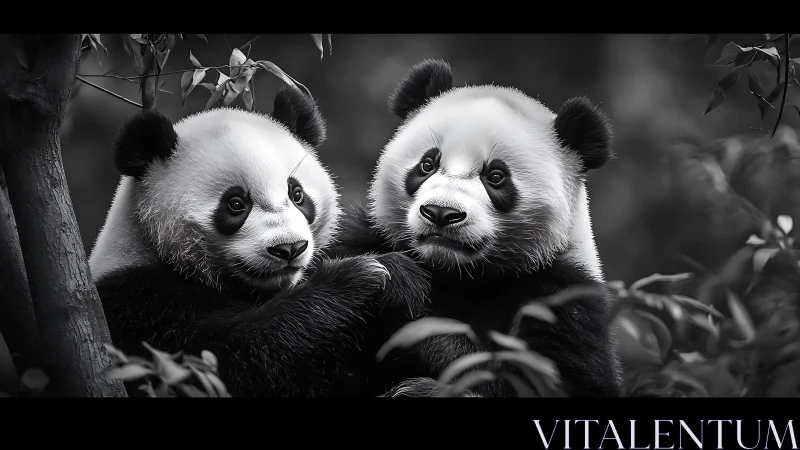 Black and white portrait of two giant pandas in foliage.