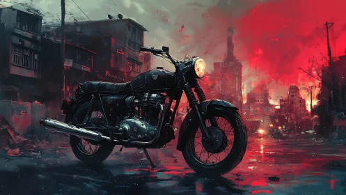 Vintage motorcycle stands in rain-soaked, red-lit urban ruin