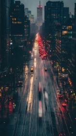 Rainlit city artery streaking with neon dusk traffic.