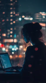 Night coder silhouette against neon city window glow.