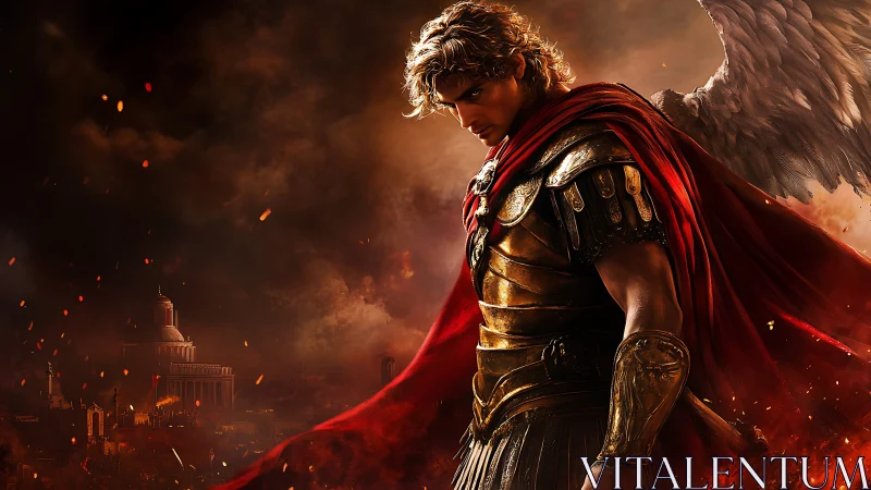 Winged warrior in burning sky pauses between rage and grace.