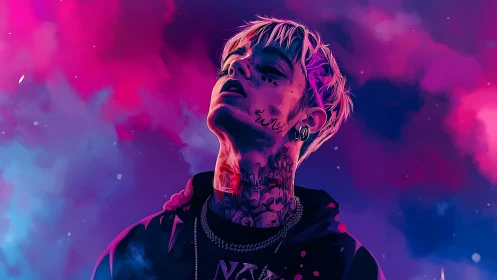 Tattooed youth in neon clouds digital portrait artwork.
