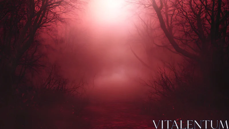 Blood-red fog engulfs a desolate forest path at dusk