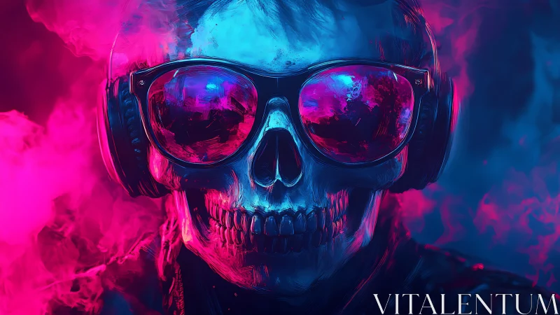 Neon skull with headphones pulses in cyberpunk colors.