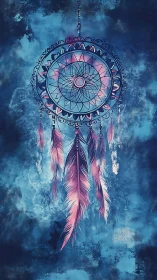 Digital dreamcatcher with feathers on textured blue background.