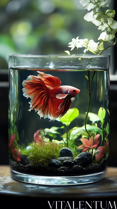 Graceful betta fish drifting through a tiny glass garden.
