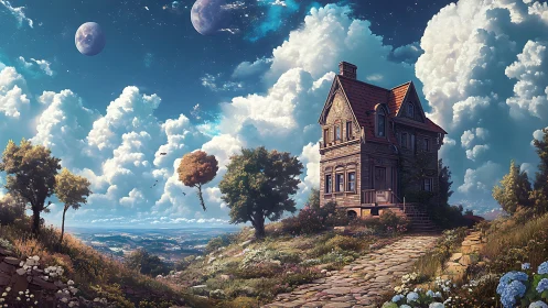 Victorian house crowns surreal hill under twin moons