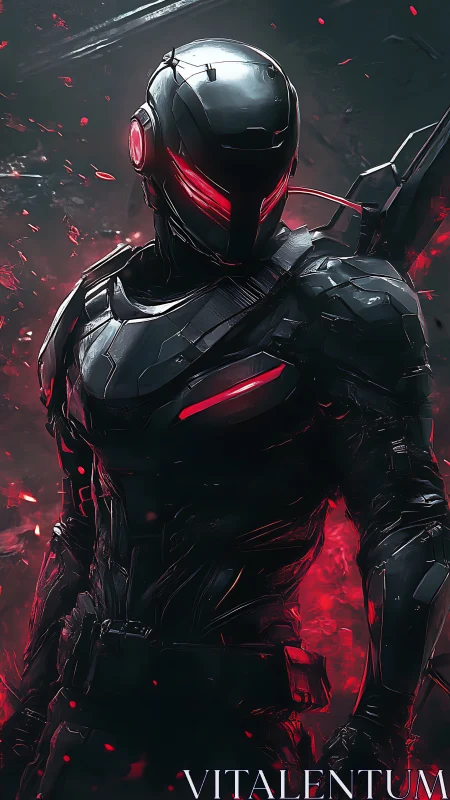 Tactical exosuit operative in red-lit combat readiness stance.