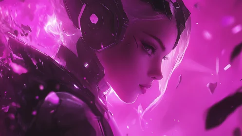Futuristic warrior glows in radiant pink cyber light