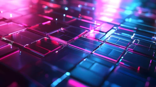 Futuristic digital grid with glowing neon blue and pink squares.