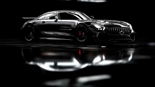 High-contrast studio render of black Mercedes AMG coupe profile