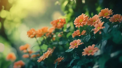 Orange gerbera daisies in natural garden with soft focus foliage