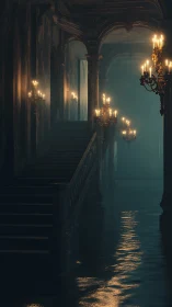 Flooded baroque staircase glows under candlelit haze.