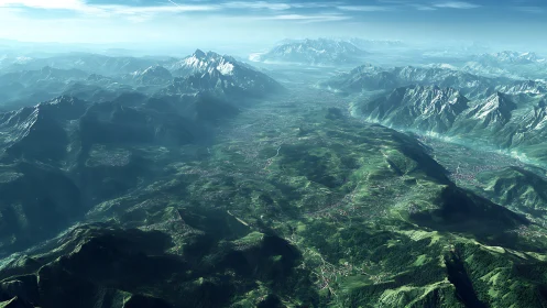 Vast alpine valley extends toward distant snowcapped ranges