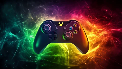 Xbox-style game controller glows amid swirling neon energy.