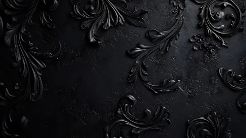 Baroque black relief scrollwork on textured matte surface.