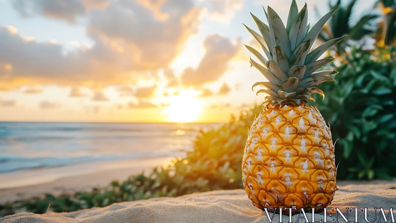 Golden ripe pineapple on sunlit tropical beach at sunset