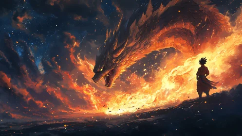 Fiery celestial dragon coils above lone warrior in silhouette