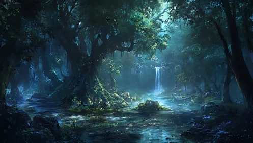 Luminescent Forest Waterfall with Bioluminescent Vegetation