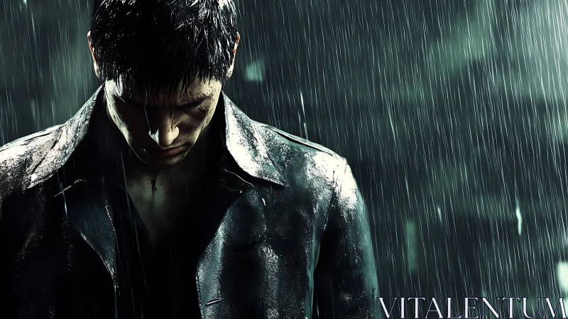 Solitary male figure stands in heavy rain with head lowered