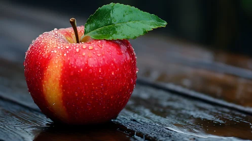 Red apple with water droplets on wet wooden surface.