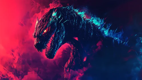 Neon kaiju roars against split red and blue storm clouds