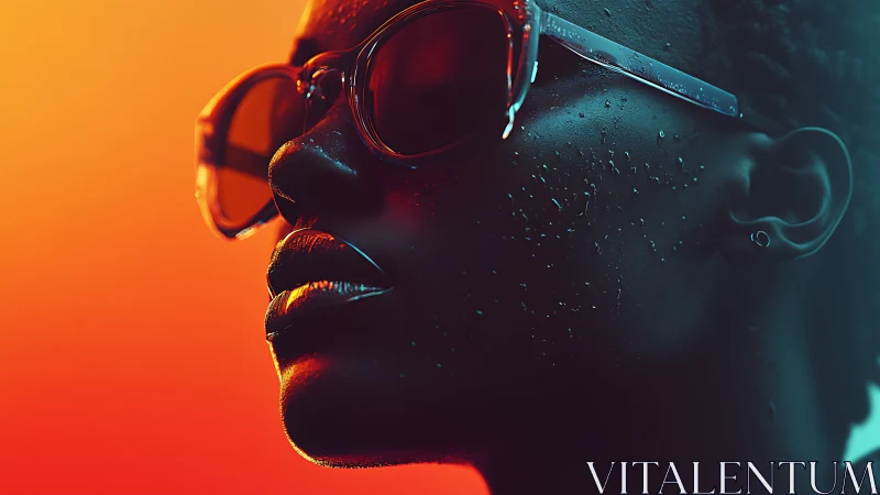 Neon backlit portrait isolates wet skin microtextures and glossy eyewear
