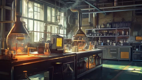 Industrial chemistry lab glows under warm morning light.