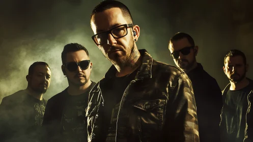 Rock band portrait with moody backlit stage lighting.