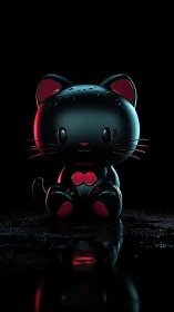 Glossy black chibi cat figurine under dramatic rim lighting