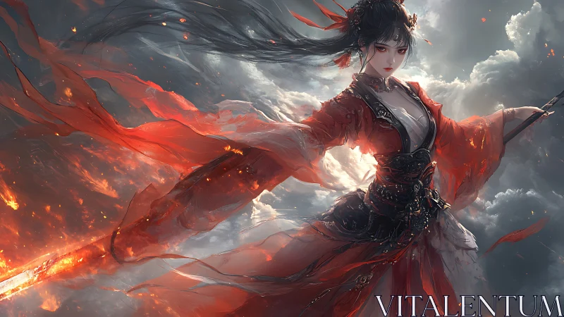 Warrior woman in red robes with flaming sword in clouds.