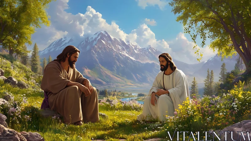 Two robed figures seated in alpine meadow before mountains.