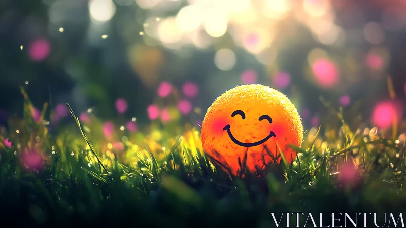 Smiley face ball rests in wet grass under soft backlight