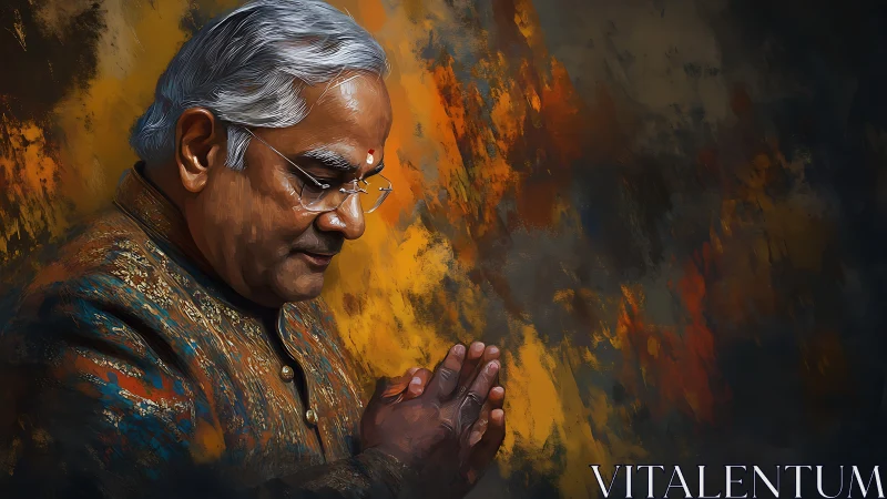 Elderly Indian man in prayer pose, ornate kurta, abstract bokeh backdrop