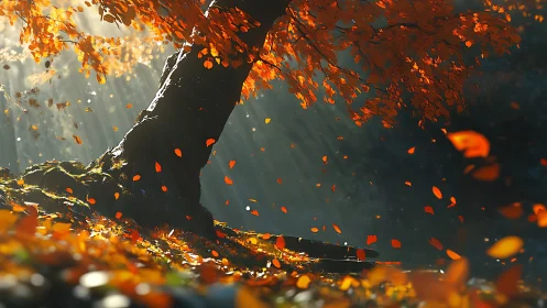 Radiant volumetric light through wind-swept autumn canopy.