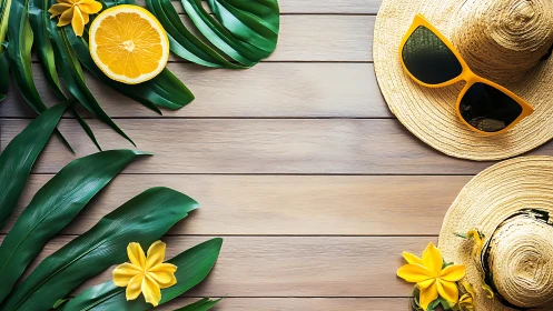 Sunny straw hats and citrus charms on a breezy wood table.
