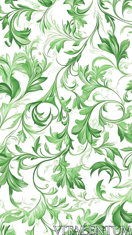 Green leaf swirl seamless pattern on white background.